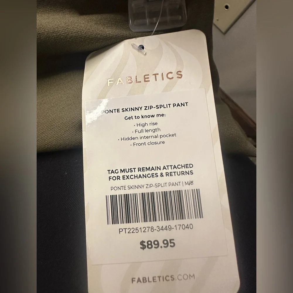 NWT Womens Fabletics army green medium Ponte skinny zip splint pant leggings